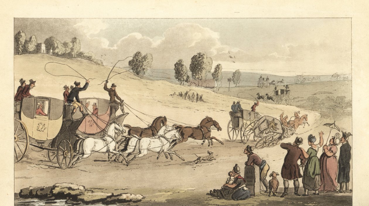 Mladí angličtí gentlemani závodící s kočáry se čtyřmi koňmi na silnici od Thomas Rowlandson