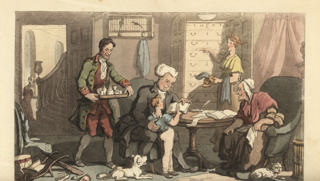Mladý chlapec na lekcích s učitelem a jeho babičkou od Thomas Rowlandson