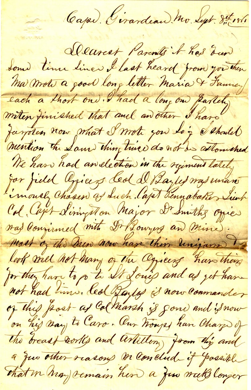 Dopis podepsaný T.S. Hawley, Cape Girardeau, Missouri, rodičům, 8. září 1861 od Thomas S. Hawley