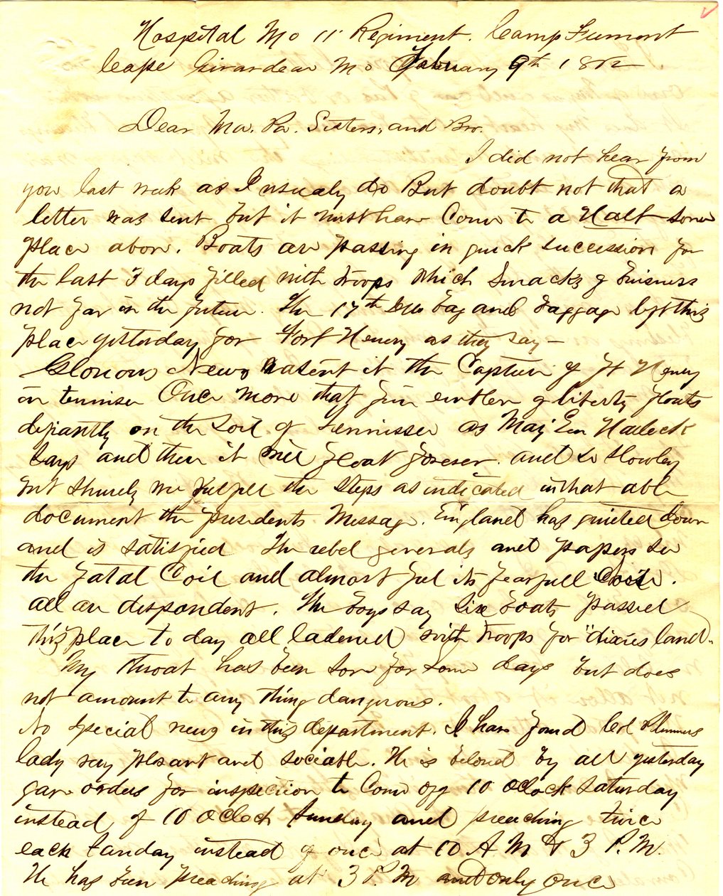 Dopis podepsaný T.S. Hawley, nemocnice 11. Missouri Infantry, Camp Fremont, Cape Girardeau, rodině, 9. února 1862 od Thomas S. Hawley