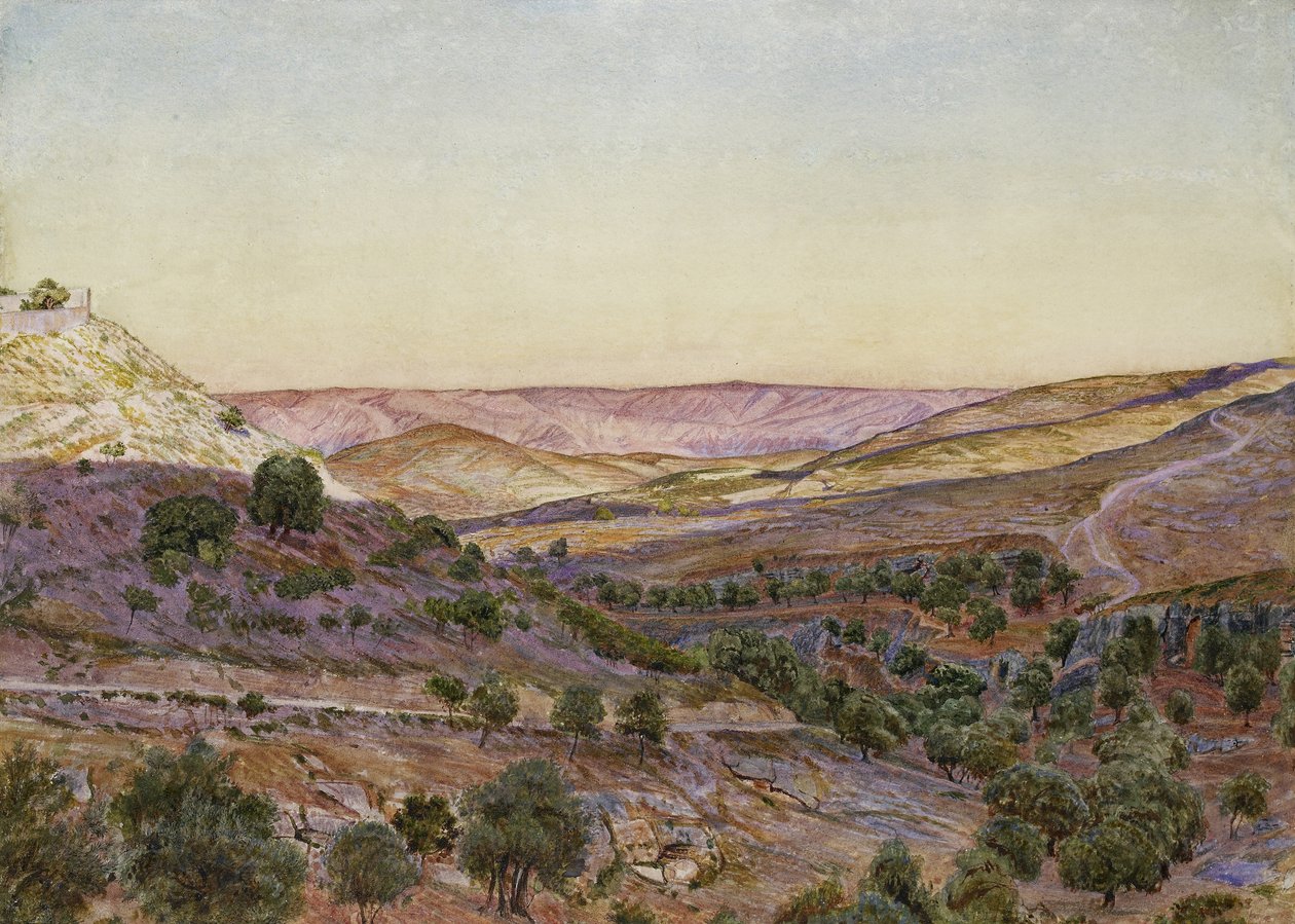The Hills of Moab and the Valley of Hinnom, 1854 (akvarel a tělová barva) od Thomas Seddon