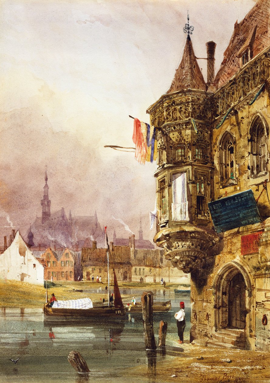 Postava vedle budovy, Gent, s čluny na řece Leye za ní, 1833 od Thomas Shotter Boys