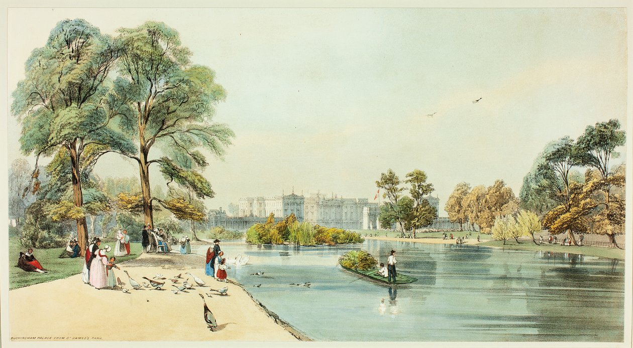 Buckinghamský palác z parku St.James, deska jedenáct z Original Views of London as It Is od Thomas Shotter Boys