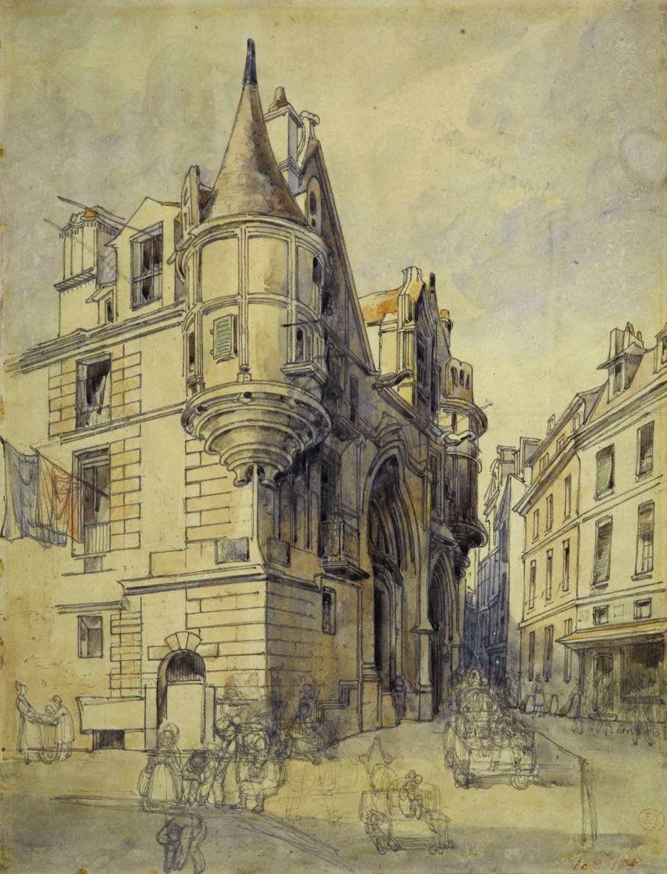 Hotel de Sens, rue du Figuier, kolem 1833 (tužka a akvarel) od Thomas Shotter Boys