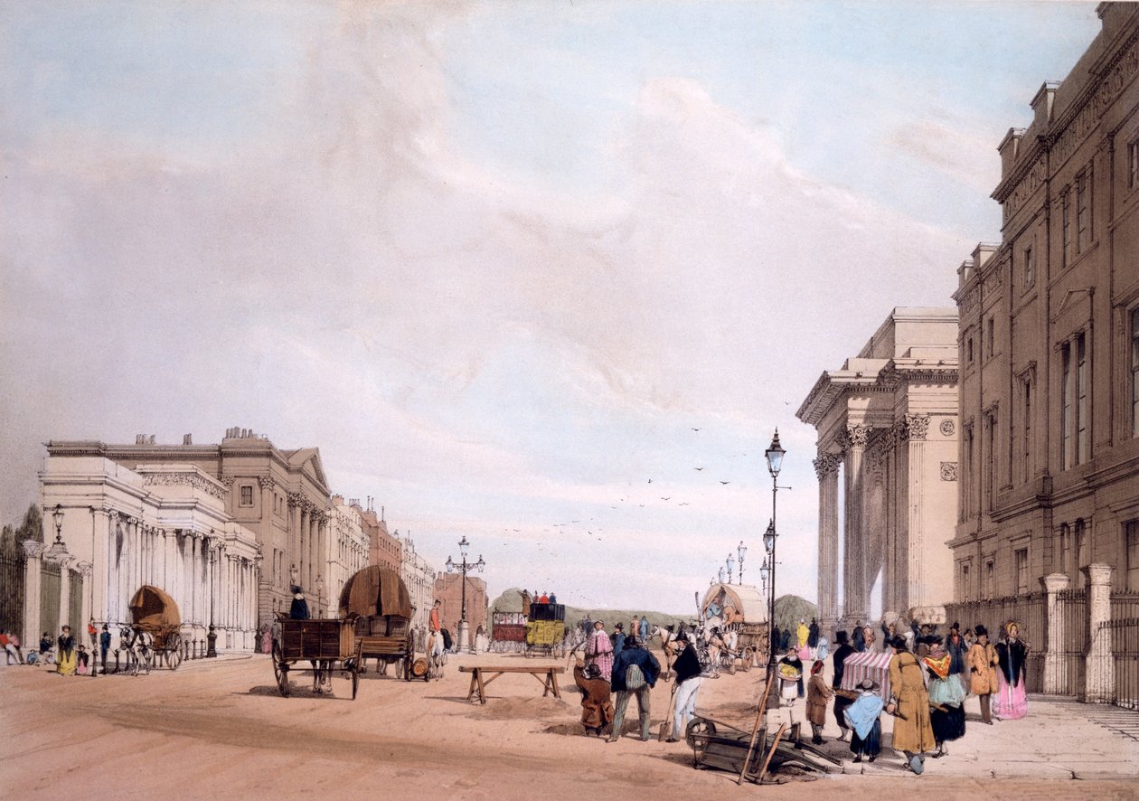 Hyde Park Corner, s výhledem na Piccadilly, z „Londýna, jak je nakreslený z přírody“ 1842 od Thomas Shotter Boys
