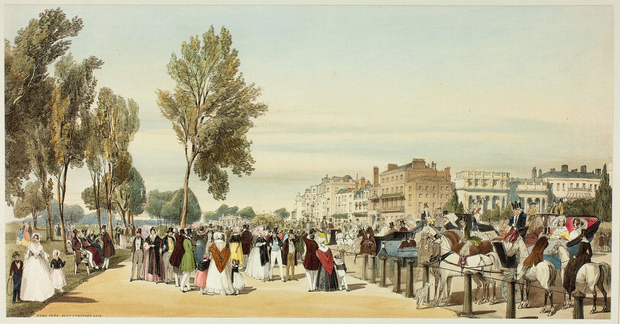 Hyde Park Near Grosvenor Gate, deska šestnáct z Original Views of London as It Is od Thomas Shotter Boys