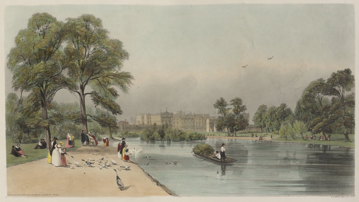 London As It Is: Buckinghamský palác, z parku St. James