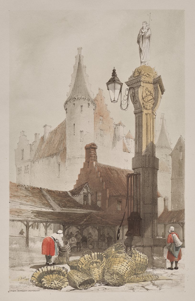 Malebná architektura v Paříži, Gent, Antverpy, Rouen: Rybí trh, Antverpy, Belgie od Thomas Shotter Boys
