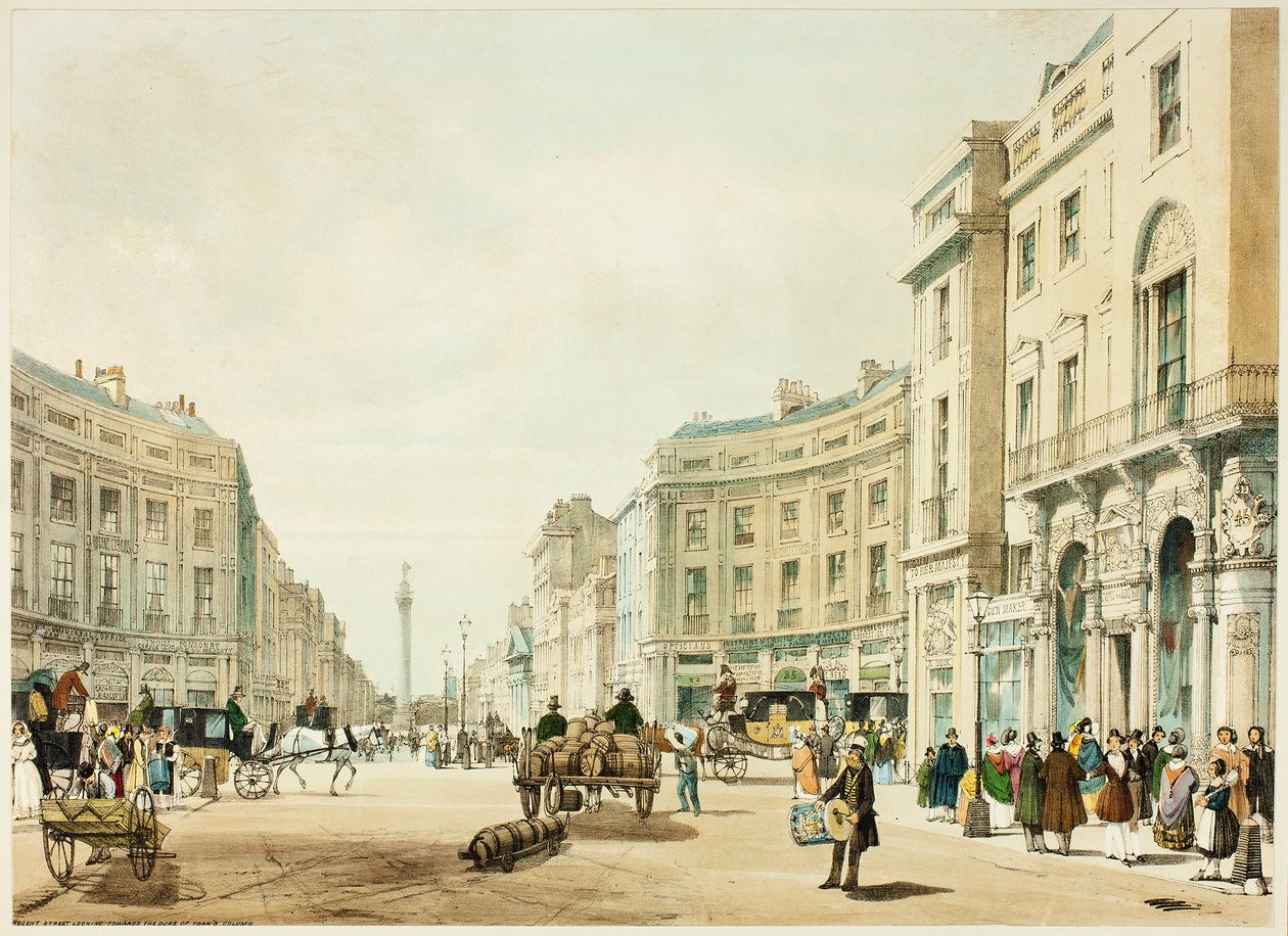 Regent Street při pohledu na sloup vévody z Yorku, dvanáctá deska z knihy Původní pohledy na Londýn v jeho současné podobě od Thomas Shotter Boys