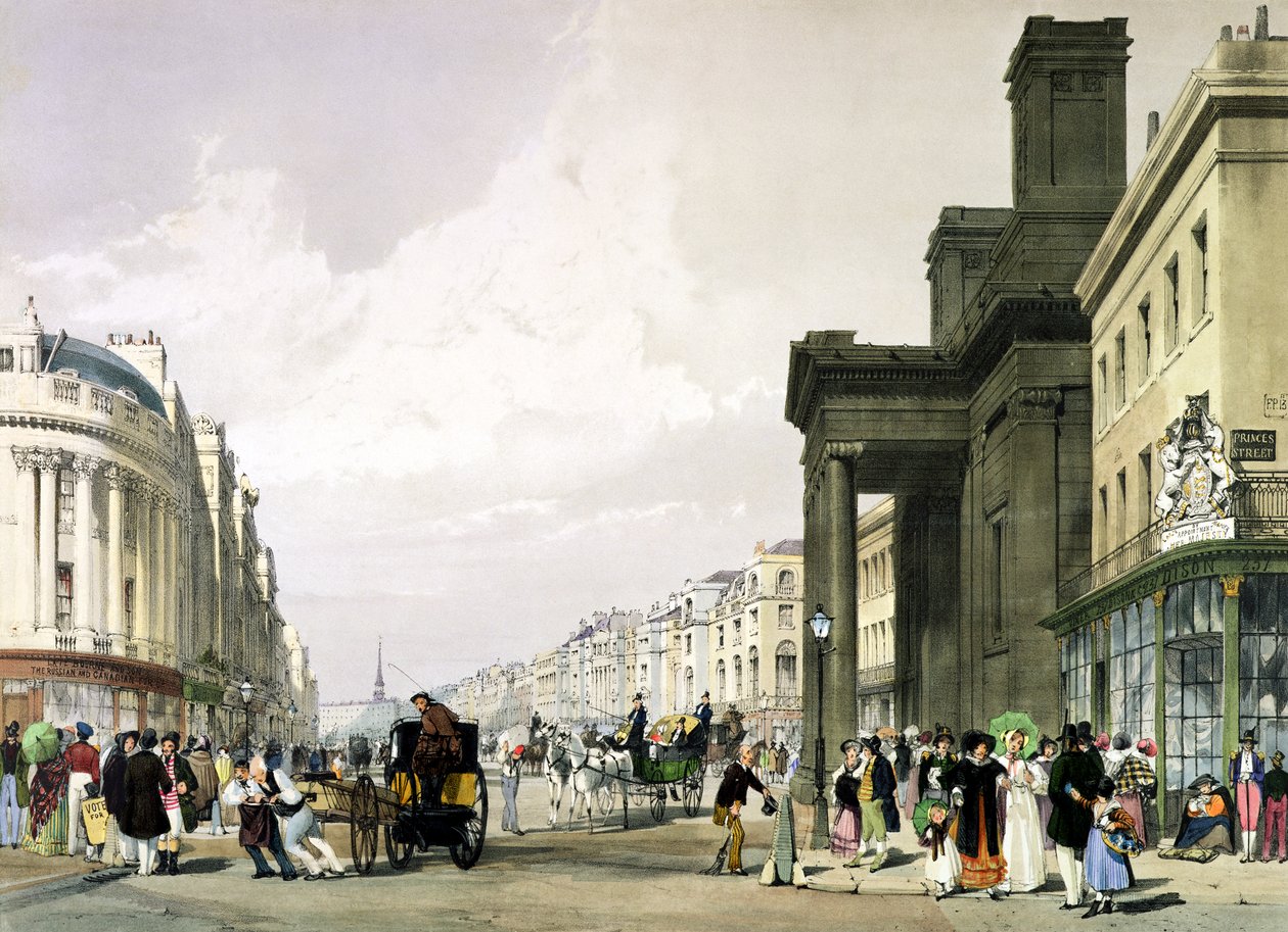 Regent Street při pohledu na kvadrant s Hannoverskou kaplí v popředí a promenádou nakupujících, 1842 od Thomas Shotter Boys