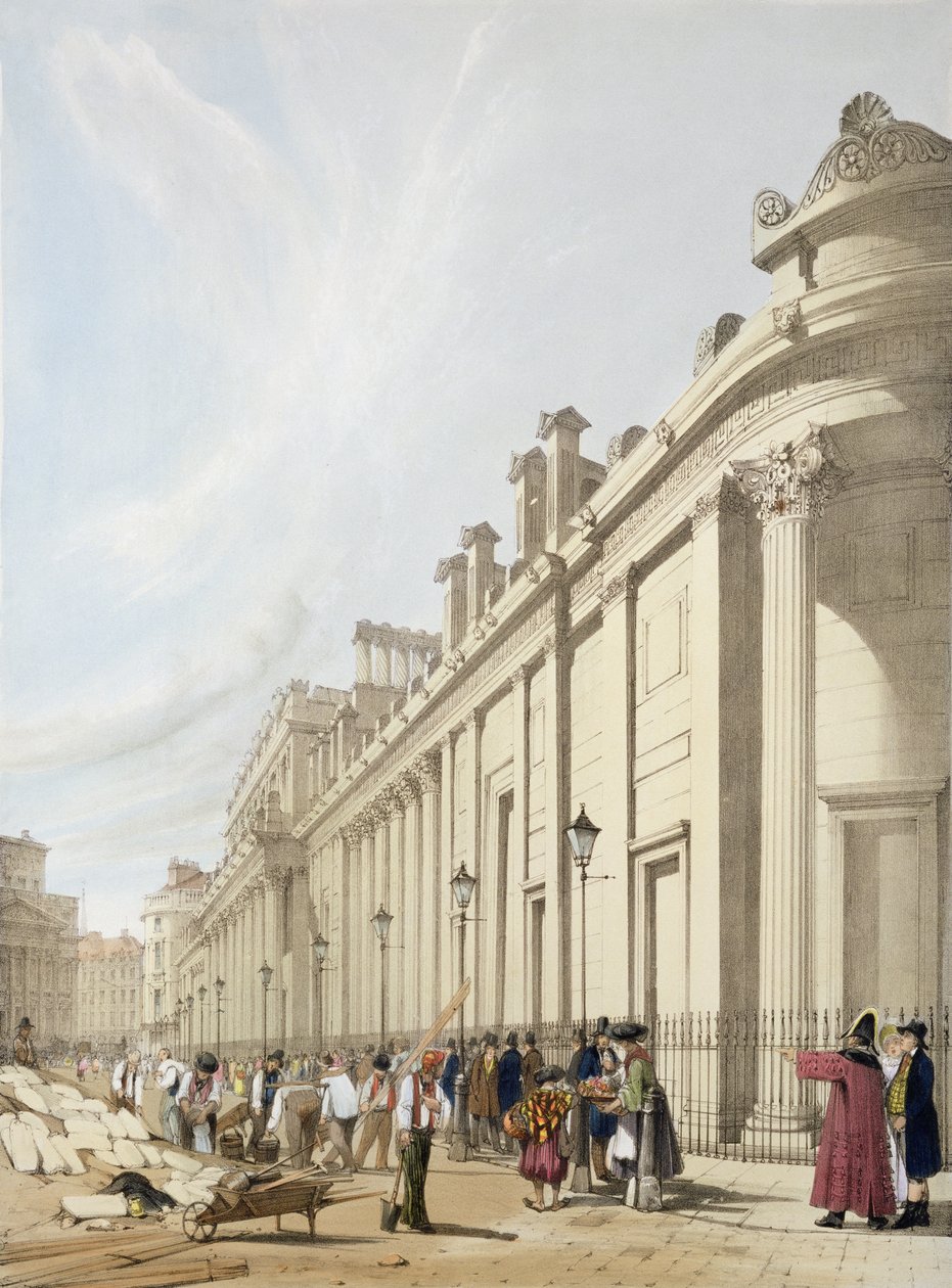 Bank of England při pohledu na Mansion House, z „London As It Is“, vyryto a vydáno umělcem, 1842 od Thomas Shotter Boys