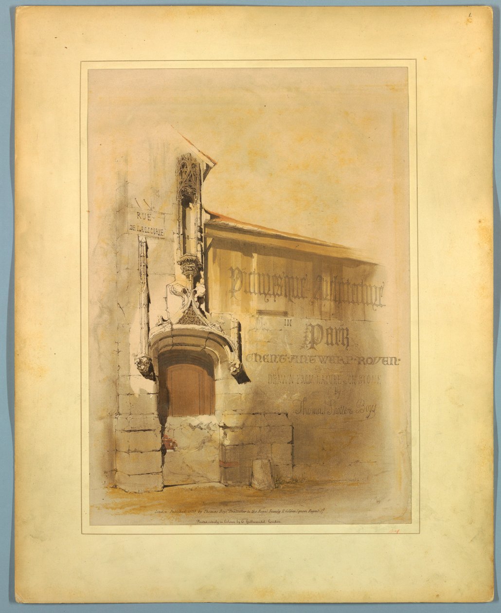 Titulní strana, "Malebná architektura v Paříži, Gentu, Antverpách, Rouenu atd." od Thomas Shotter Boys