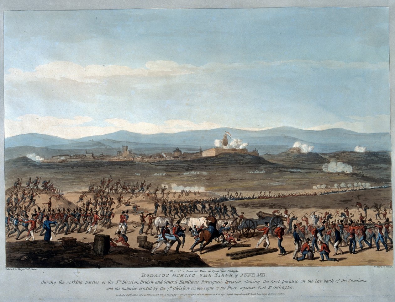 Badajoz během obléhání v červnu 1811, deska 4 z "A Series of Views of the Principal Occurences of the Campaigns in Spain and Portugal", vyryl Charles Turner, vydáno 1812 (akvatinta) od Thomas Staunton St. Clair