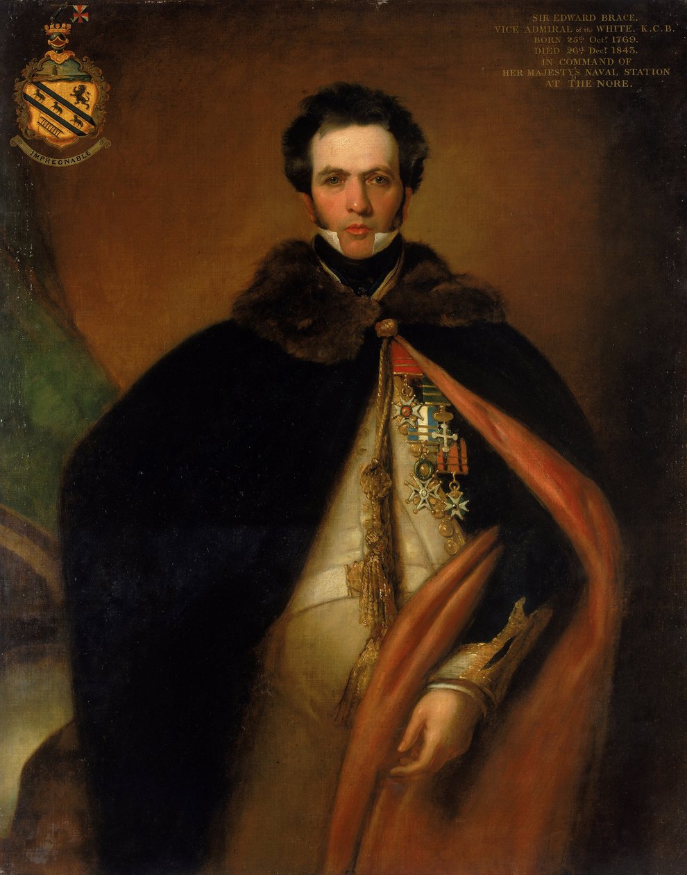 Portrét kapitána sira Edwarda Brace (asi 1769-1843), který se vyznamenal v britském námořnictvu na středomořských frontách během francouzské (1792-1802) a napoleonské (1803-1815) revoluční války. od Thomas Stewardson