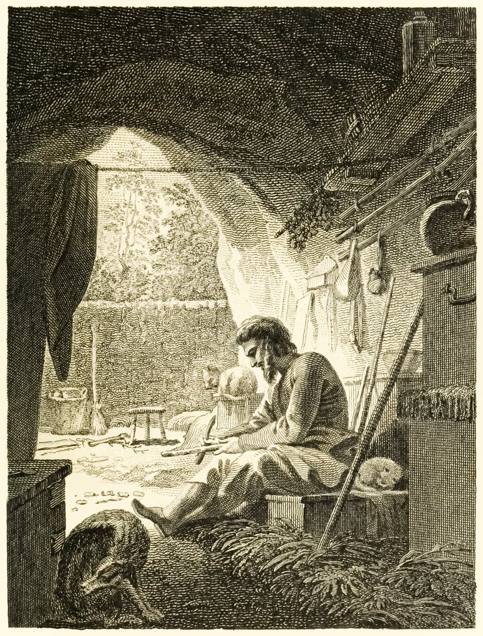 ?Robinson Crusoe při práci ve své jeskyni? z ?Život a podivná překvapivá dobrodružství Robinsona Crusoe nebo York, Mariner? od Daniela Defoe od Thomas Stothard