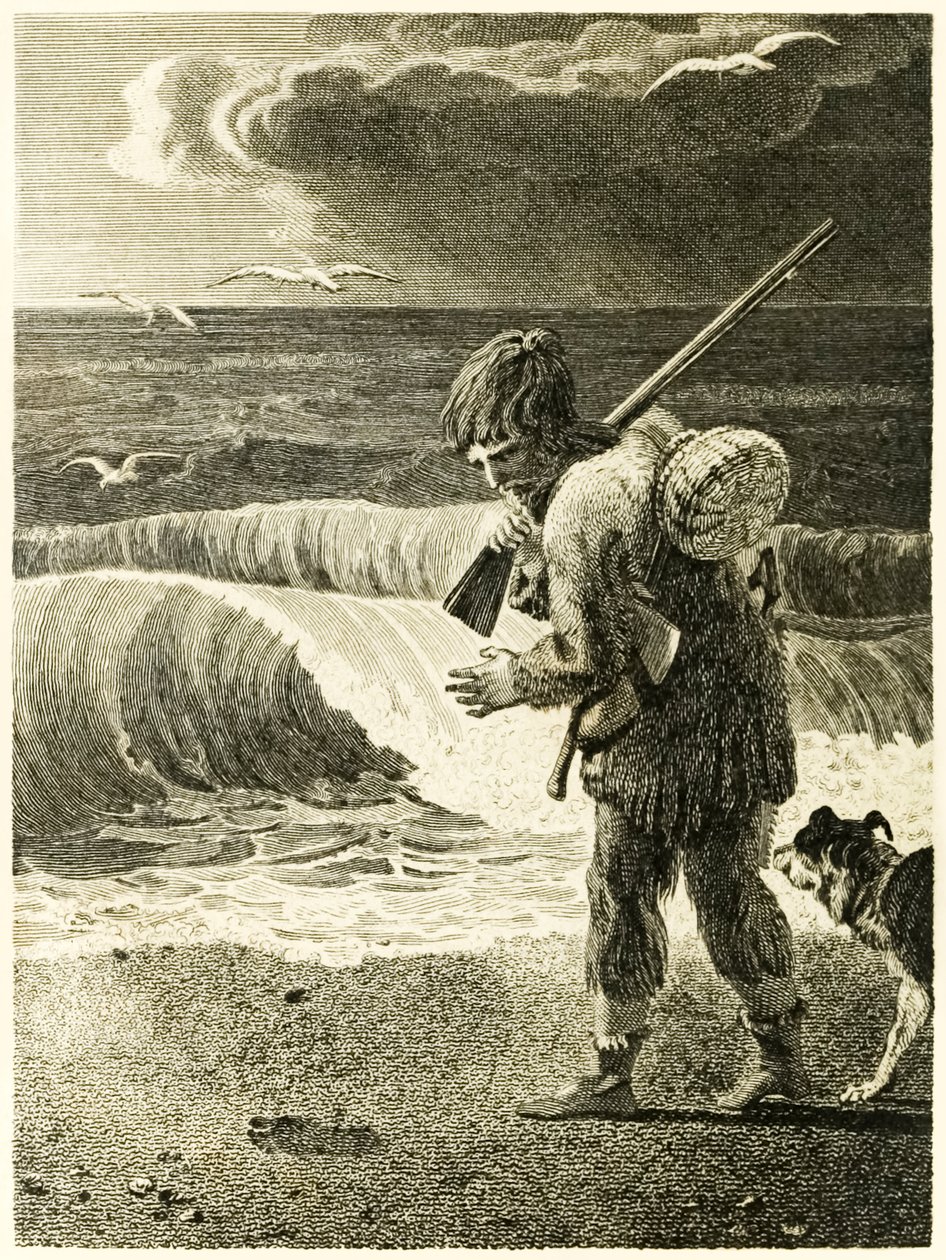 "Robinson Crusoe objevil otisk mužské nohy?" z ?Život a podivná překvapivá dobrodružství Robinsona Crusoe nebo York, Mariner? od Daniela Defoe od Thomas Stothard