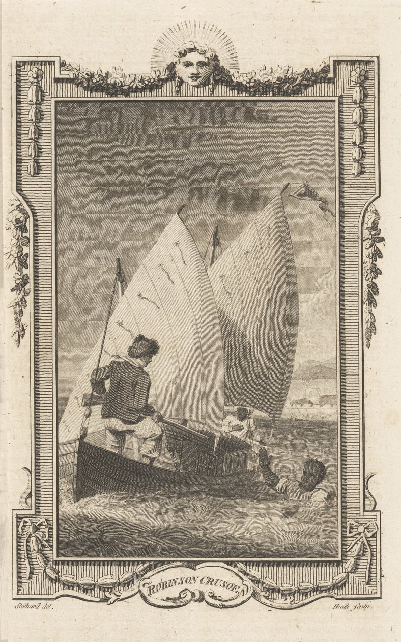 Robinson Crusoe, z Novelists Magazine, hospoda. 1781 od Thomas Stothard