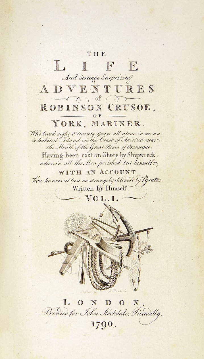 Titulní strana „Robinson Crusoe“ z „The Life and Strange Surprising Adventures of Robinson Crusoe, or York, Mariner“ od Daniela Defoe od Thomas Stothard