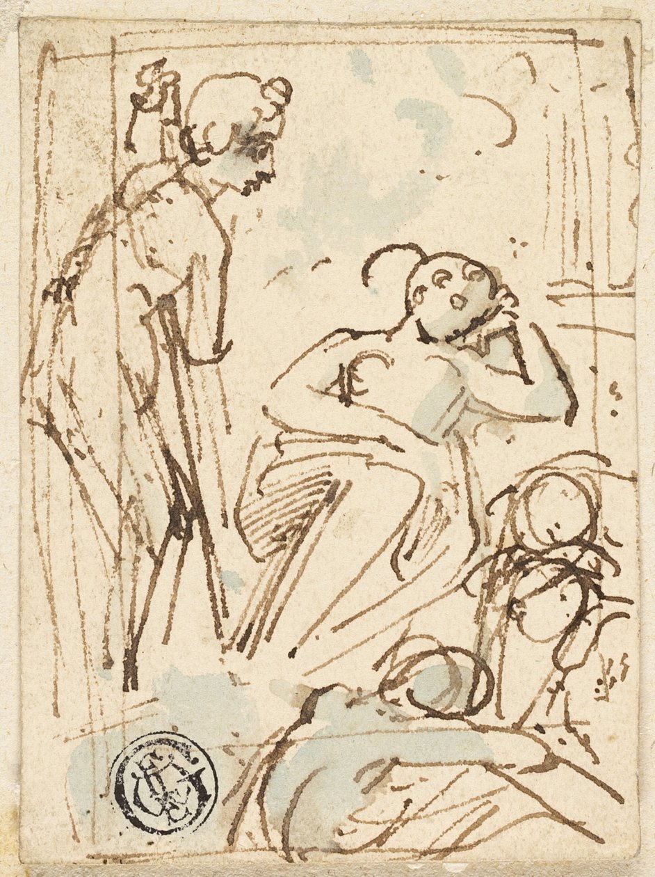Náčrt muže opírajícího se o personál, při pohledu na spící ženu od Thomas Stothard
