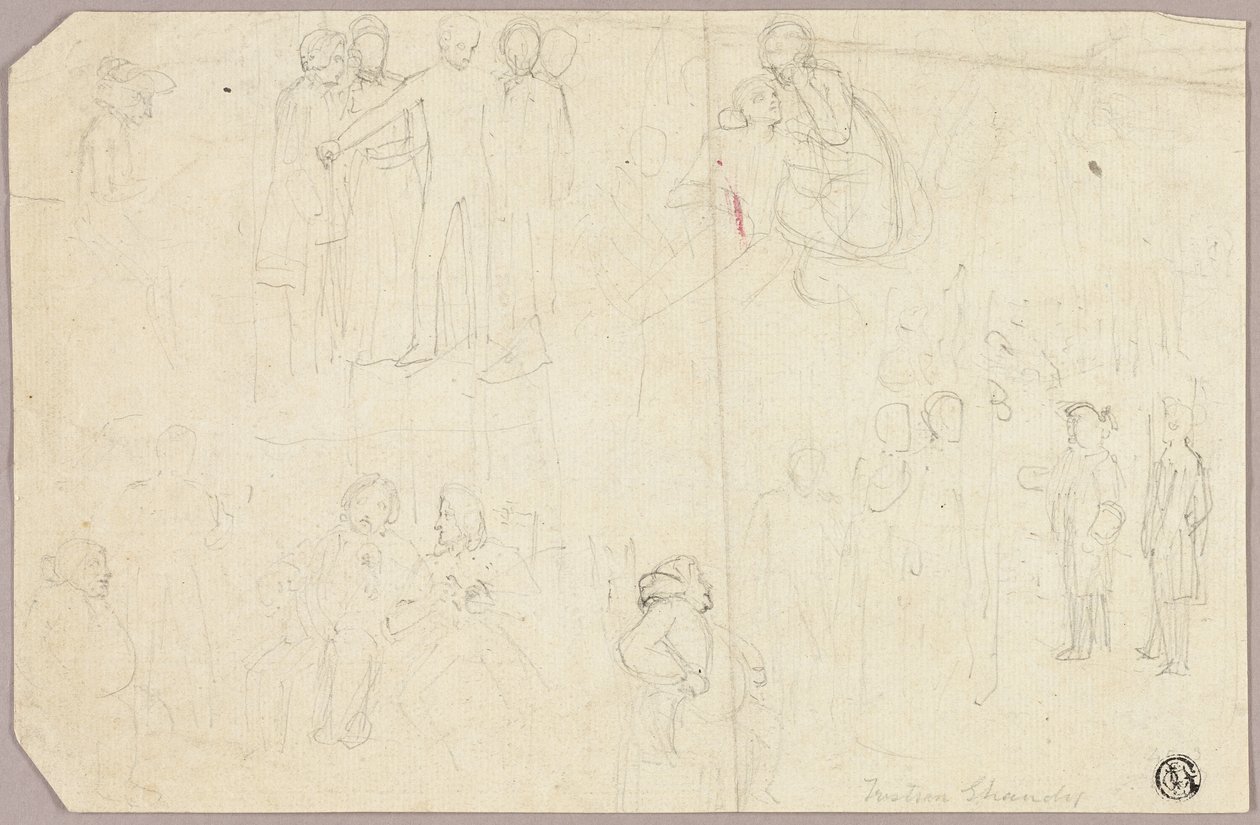Skici pro Tristram Shandy (recto); Náčrtky medailonu se sedící alegorickou postavou (verze) od Thomas Stothard
