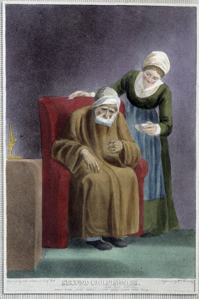 Druhé dětství (nemocný strážce pečující o velmi starého muže) - v „“The 7 Ages of Man““ od Shakespeara, nemocný. W. Broniley, Londýn od Thomas Stothard