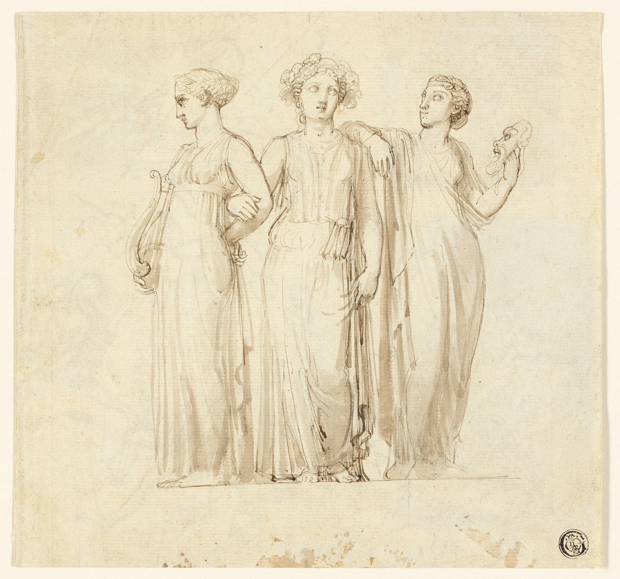 Tři múzy (recto); Studie rytíře a mnicha pro ilustraci v gotickém románu (verze) od Thomas Stothard