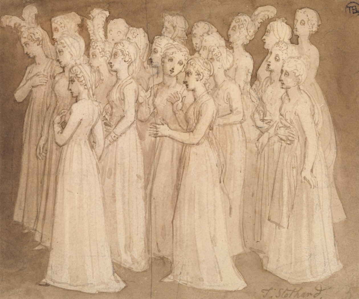 Dvacet mladých dívek ve skupině jdoucí doleva od Thomas Stothard
