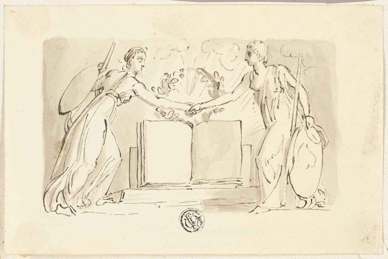 Dvě alegorické ženské postavy sepjaté ruce před knihou od Thomas Stothard