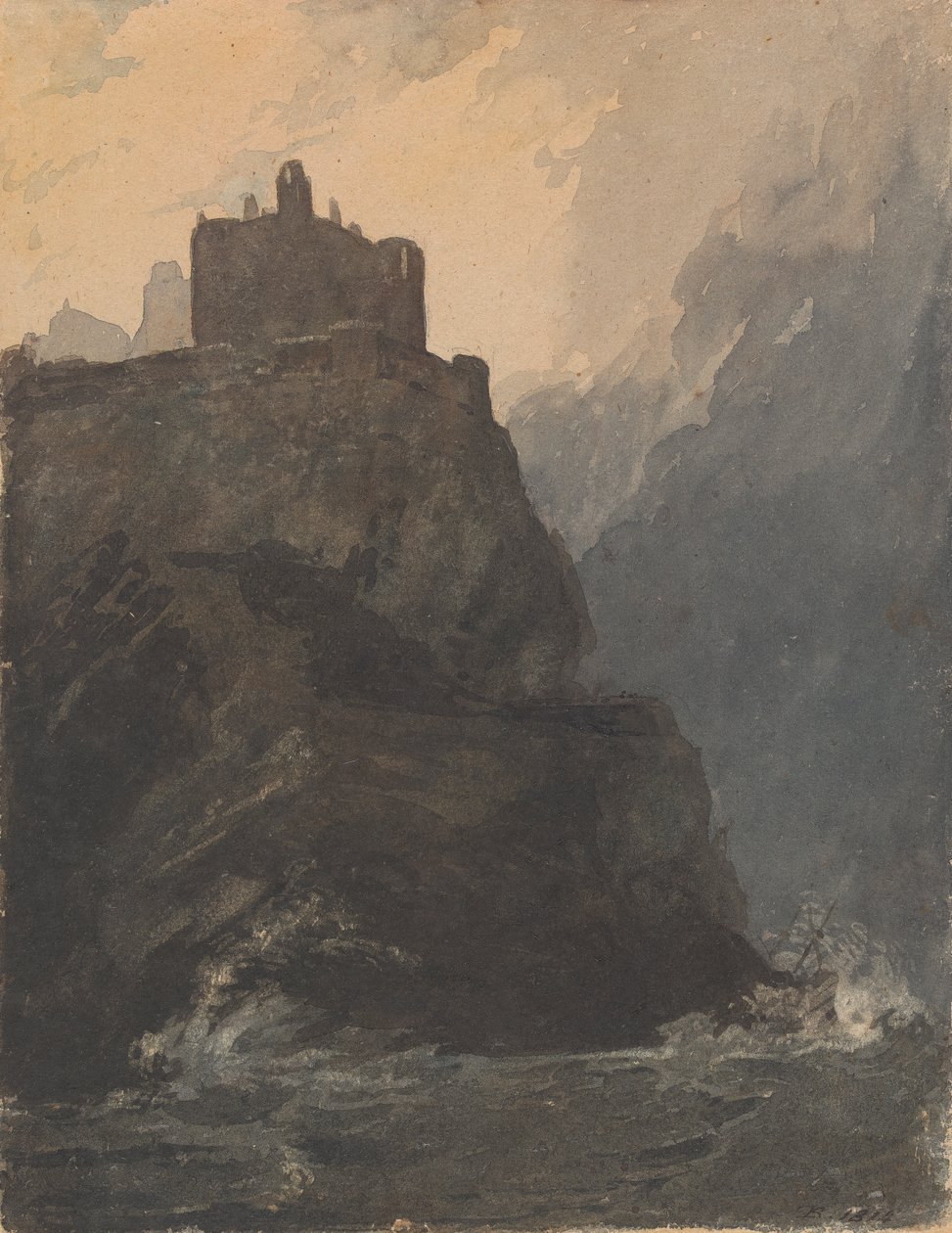 Hrad na útesu s Bouřlivým mořem a vrakem na základně Cliff od Thomas Sully
