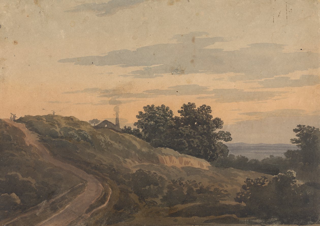 Kopcovitá krajina s domem, cestou a postavami od Thomas Sully