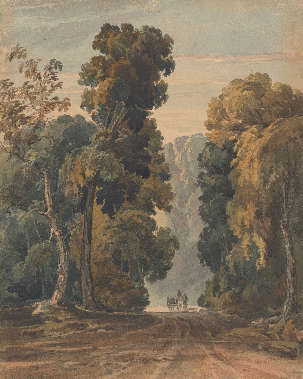 Kůň, vozík a řidič na široké, stromy lemované uličce od Thomas Sully