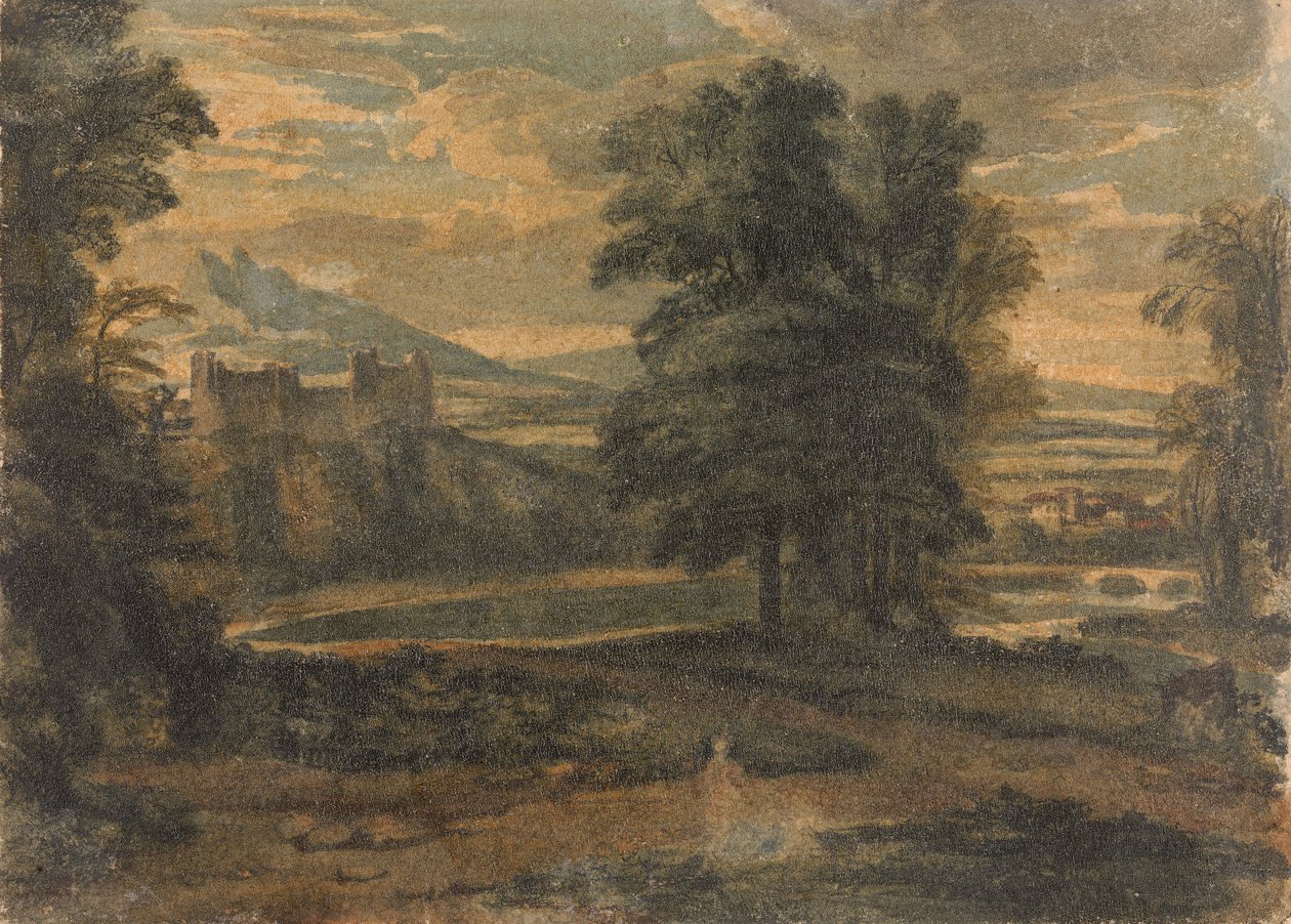 Krajina s horami, hradem, stromy a jezerem od Thomas Sully