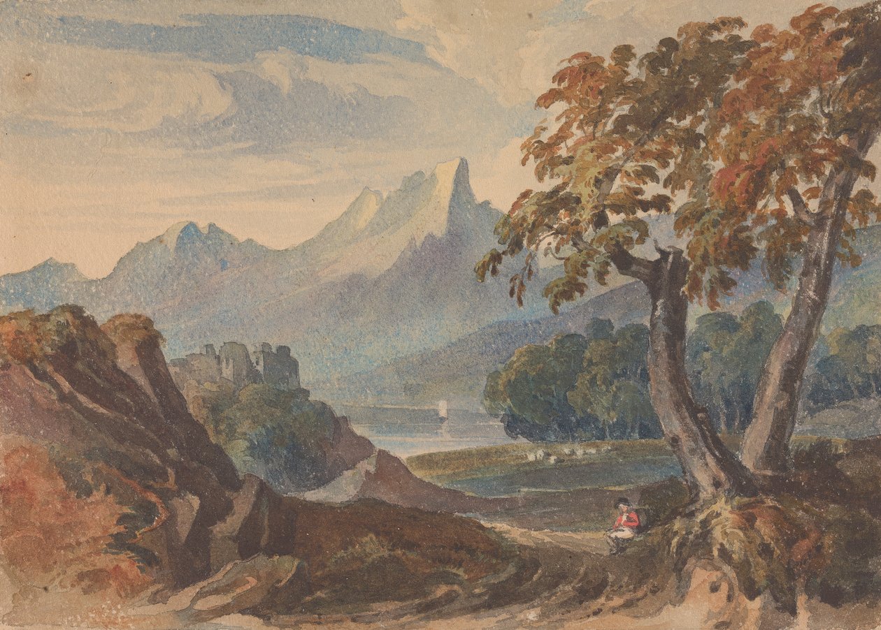 Krajina s horami, jezerní hrad, sedící postava v popředí od Thomas Sully