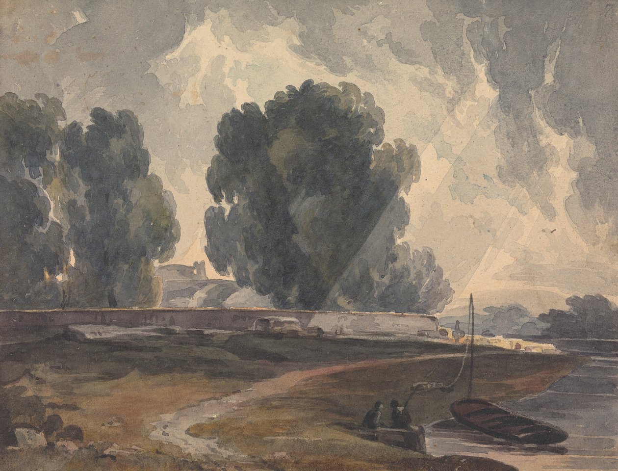 Krajina se stromy a jezero s postavami a lodí od Thomas Sully