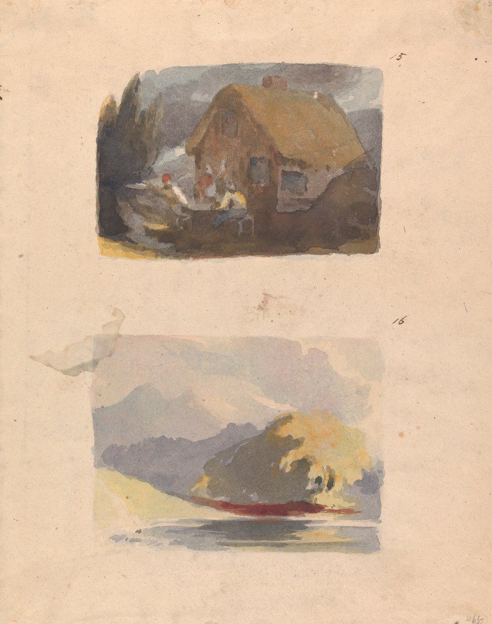 Dvě výkresy na jednom listu: chata s postavami vpředu (č. 15); Krajina s řekou a horámi - slunce (č. 16) od Thomas Sully