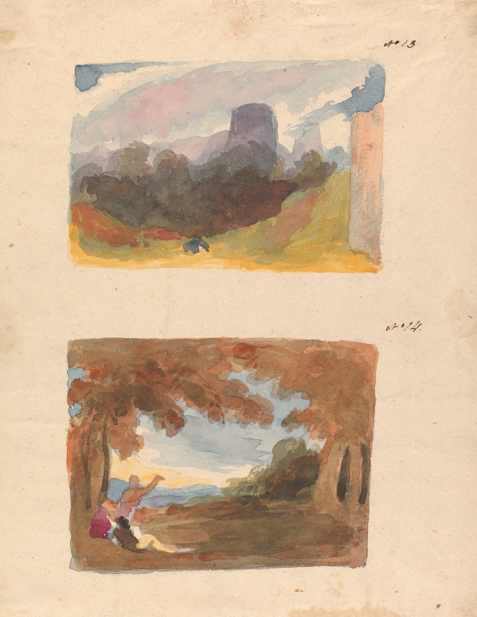 Dvě kresby na jednom listu: Krajina se zámkem - moderní způsob (č. 13); Krajina s postavami v popředí (č. 14) od Thomas Sully