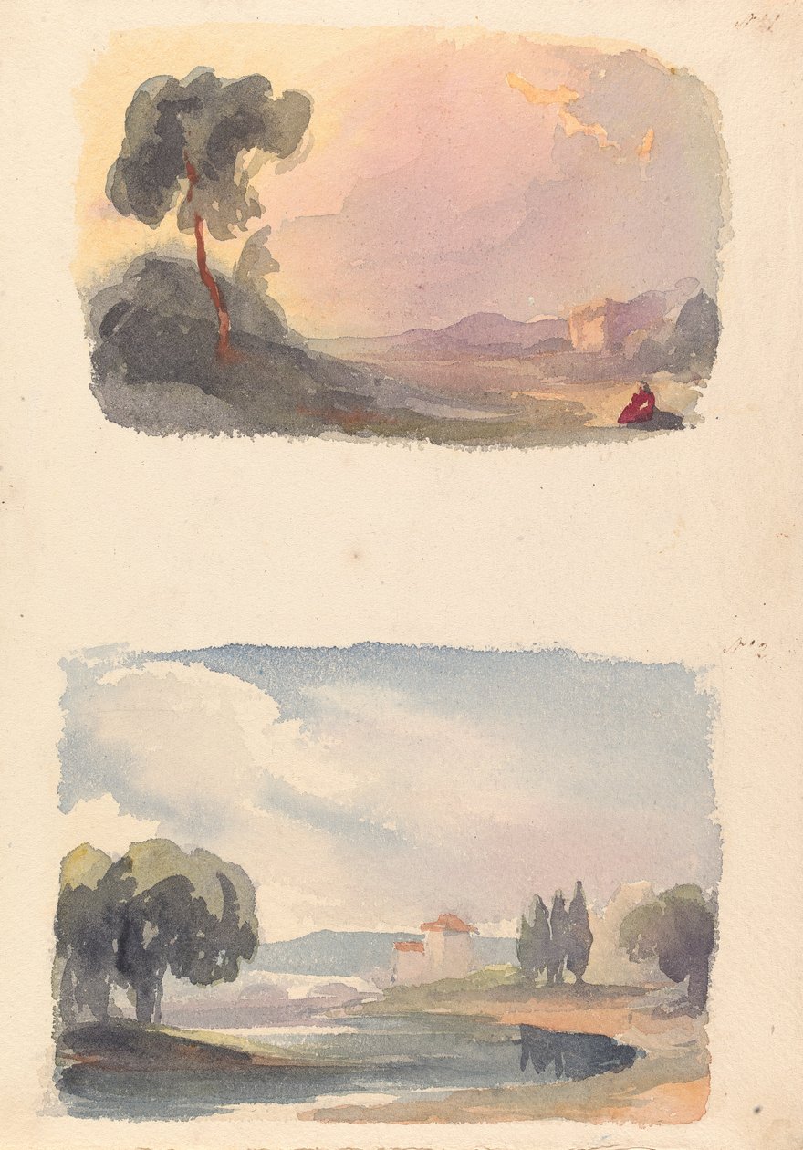 Dvě kresby na jednom listu: Krajina s horami v dálce a sedícími postavami v popředí (č. 1); Krajina s řekou a budovou, hory v dálce (č. 2) od Thomas Sully