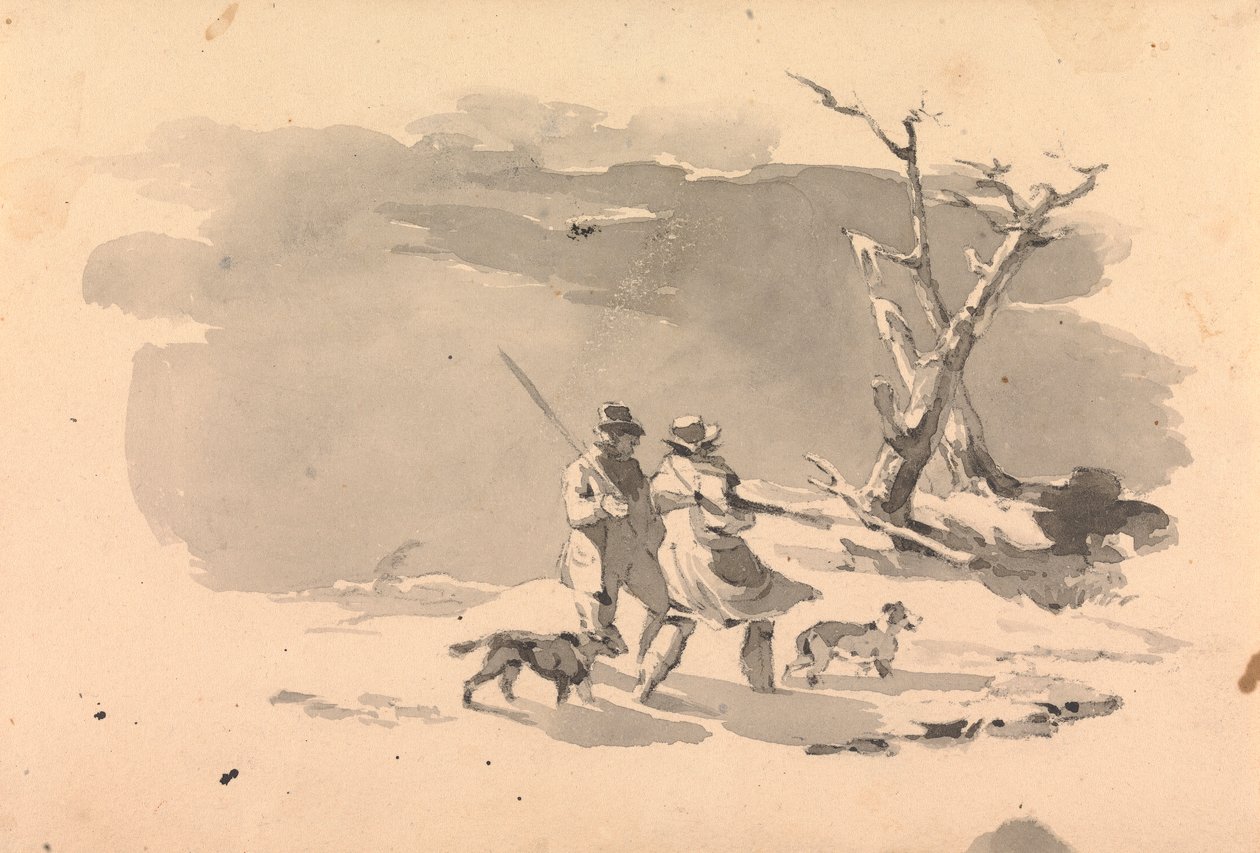 Dva lovci a dva psi v zimní scéně od Thomas Sully