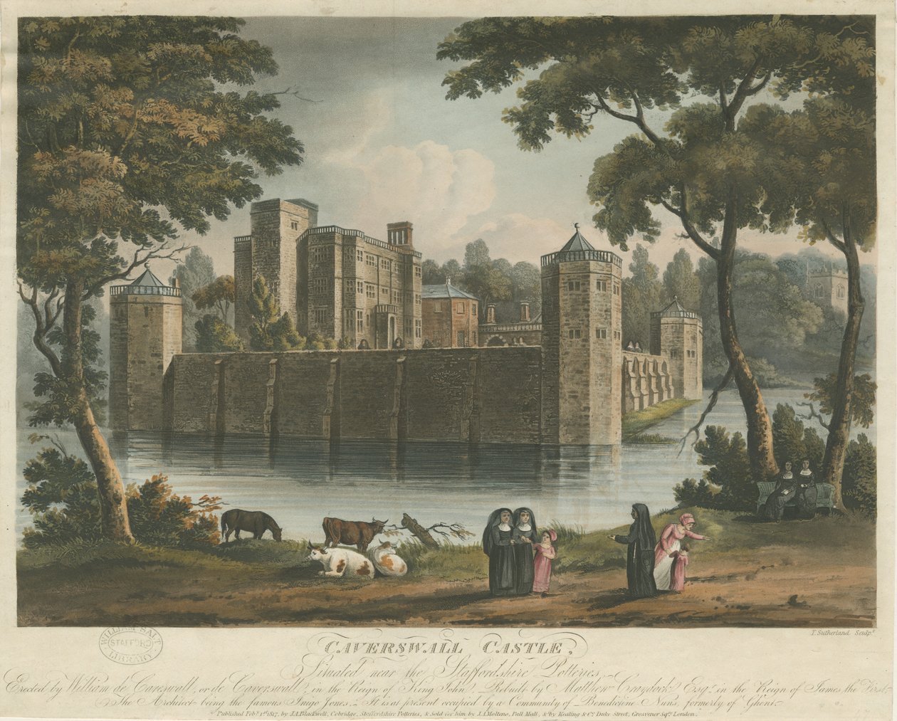 Caverswall Castle: barevná rytina akvatinty, 1. února 1817 od Thomas Sutherland