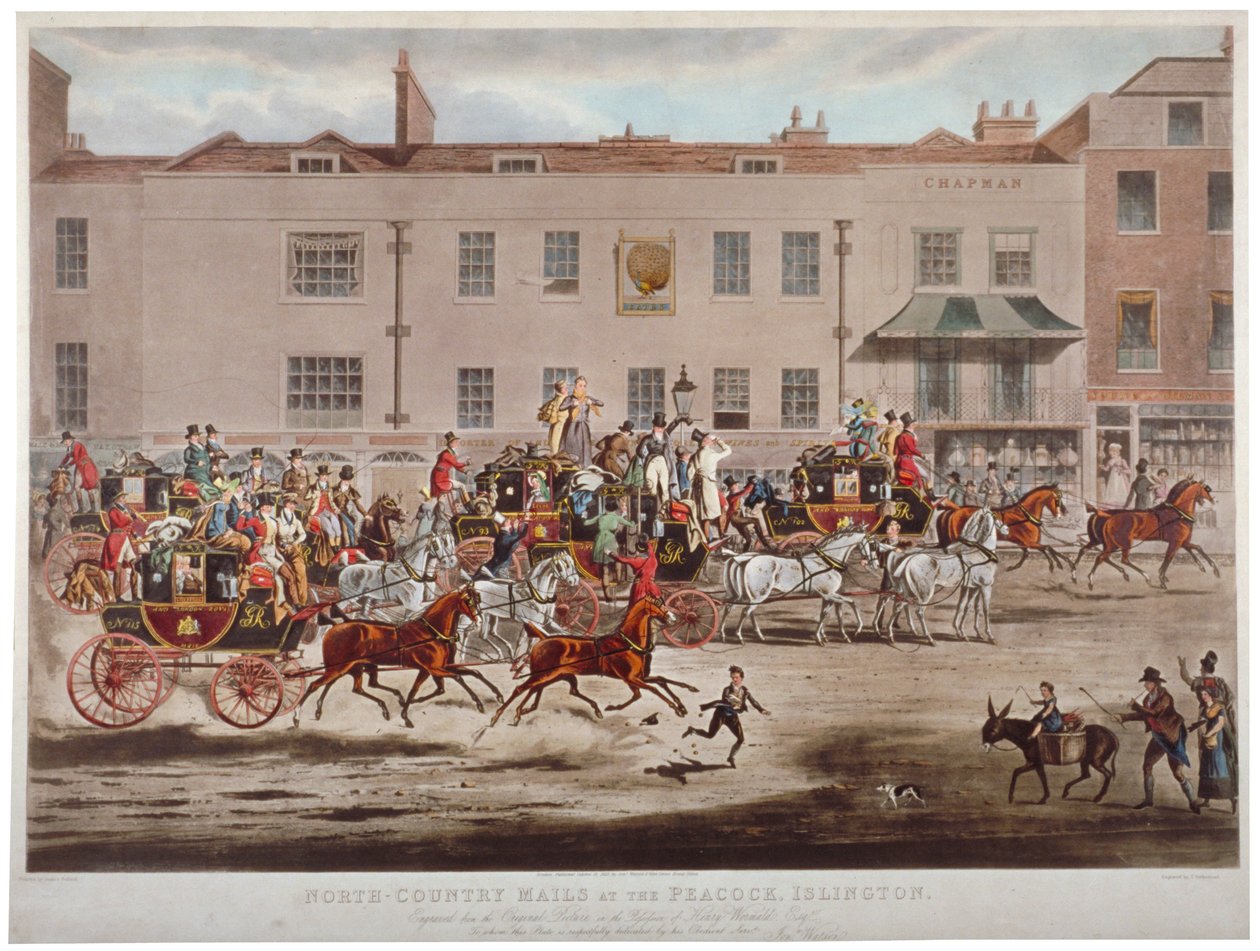 Poštovní autobusy před Peacock Inn na Islington High Street, Londýn, 1823. od Thomas Sutherland