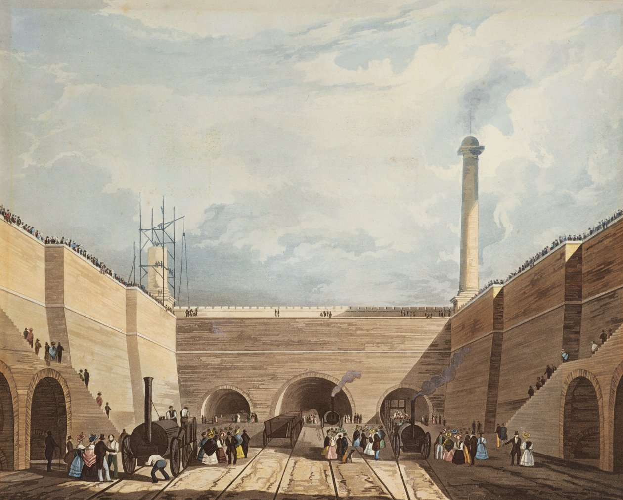Entrance of the Railway at Edge Hill, Liverpool, vyryto H. Pyallem, 1831 (ručně kolorovaný lept a akvatinta) od Thomas Talbot Bury