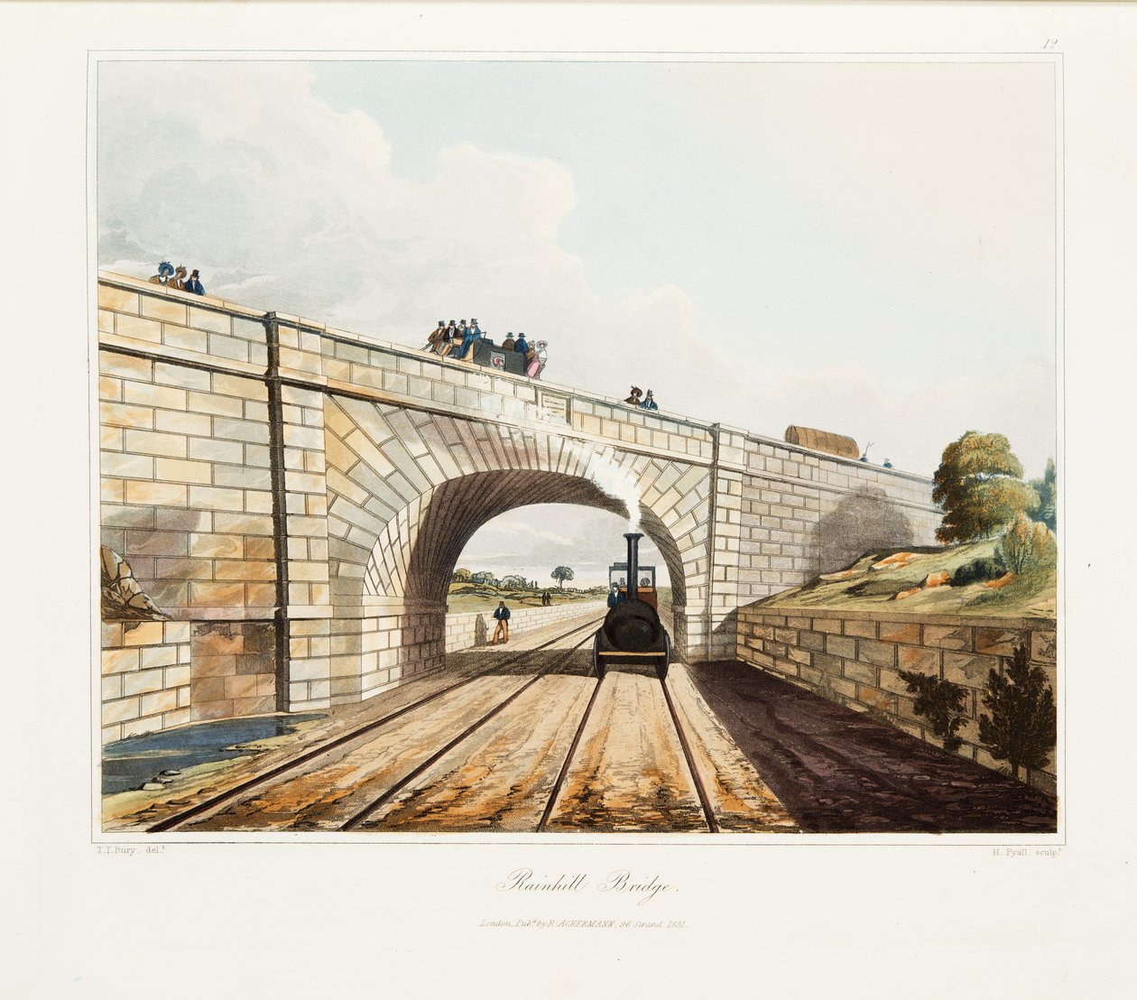 Rainhill Bridge, publikoval 1831 (ručně kolorovaná rytina) od Thomas Talbot Bury
