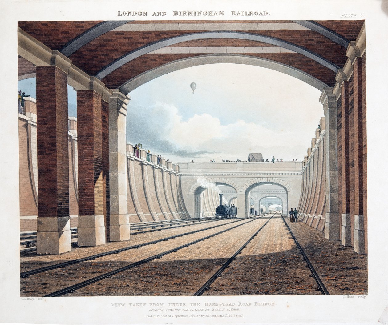 Pohled pořízený z pod mostem Hampstead Road Bridge, při pohledu směrem k nádraží na Euston Square, 1837 (ručně kolorovaná rytina) od Thomas Talbot Bury