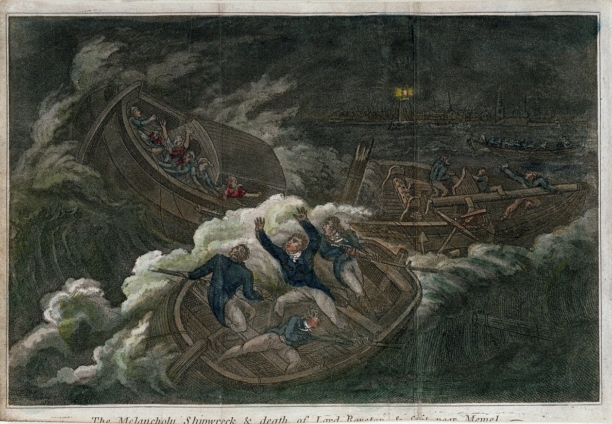 Melancholické ztroskotání a smrt lorda Roystona. Litografie (17,5 x 25,8 cm), vydání v Londýně (Anglie), autor Thomas Tegg (1808). Anglické umění od Thomas Tegg