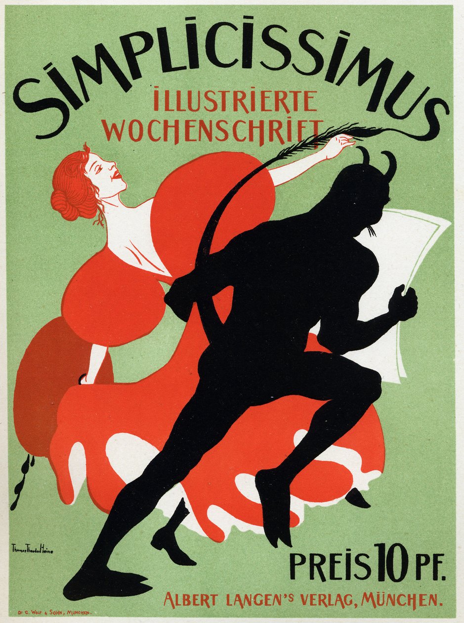 Umění. Literatura. Časopis Simplicissimus. Plakát Thomas Thedor Heine, Německo, kolem roku 1890 (plakát) od Thomas Theodor Heine