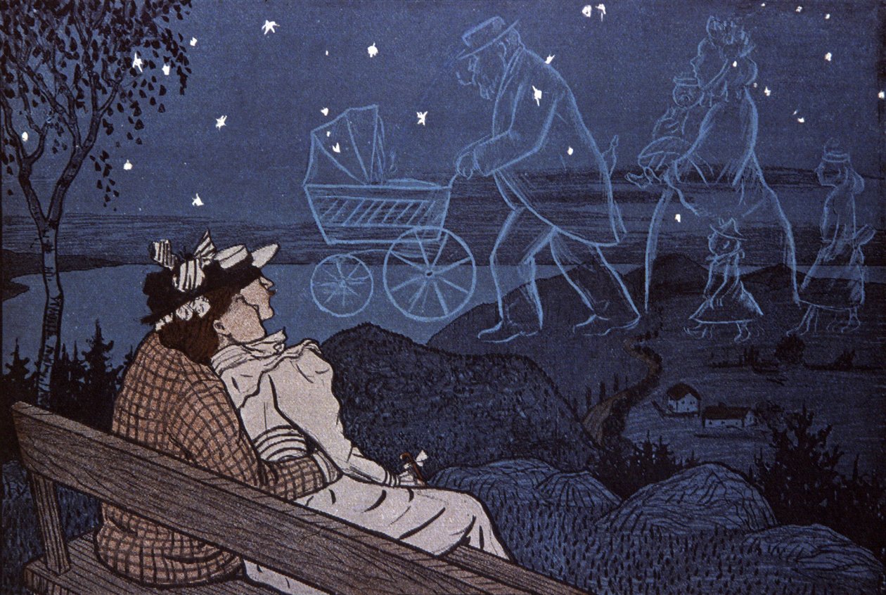Pár venku, dívající se na svou budoucnost ve hvězdách: děti, rodina. Ilustrace Th.Th. Heine v: Simplicissimus, Německo od Thomas Theodor Heine
