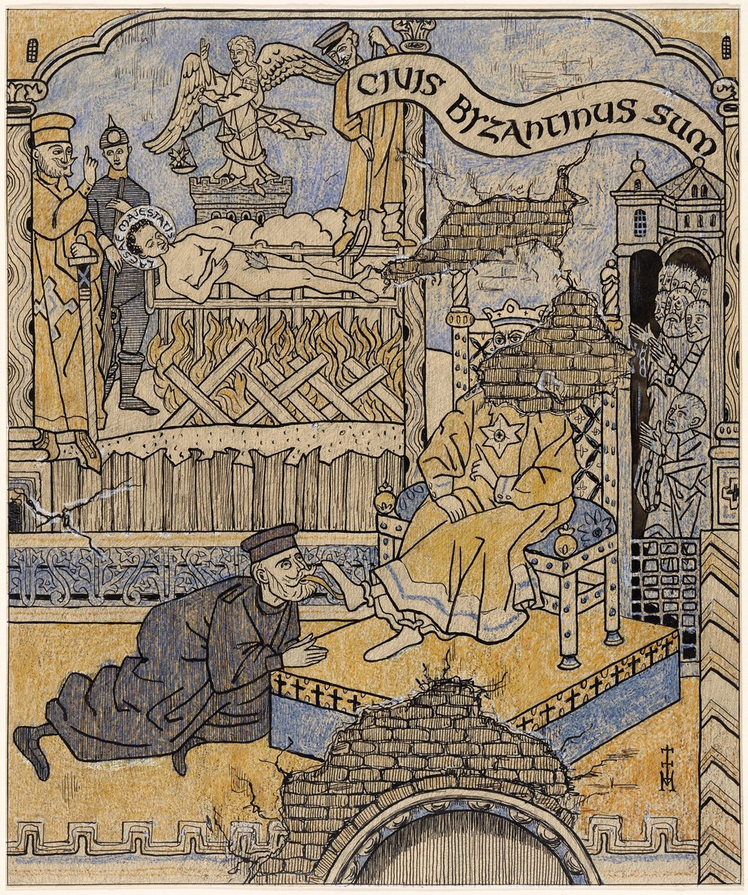Znovuobjevená nástěnná malba v Justičním paláci v Byzanci; Simplicissimus V/34 od Thomas Theodor Heine