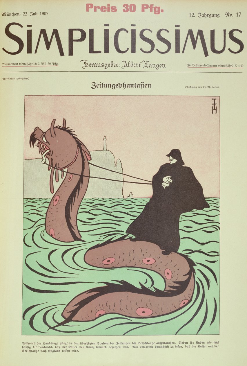 Kaiser jede na mořském hadovi do Anglie, obálka Ilustrace ze Simplicissima od Thomas Theodor Heine