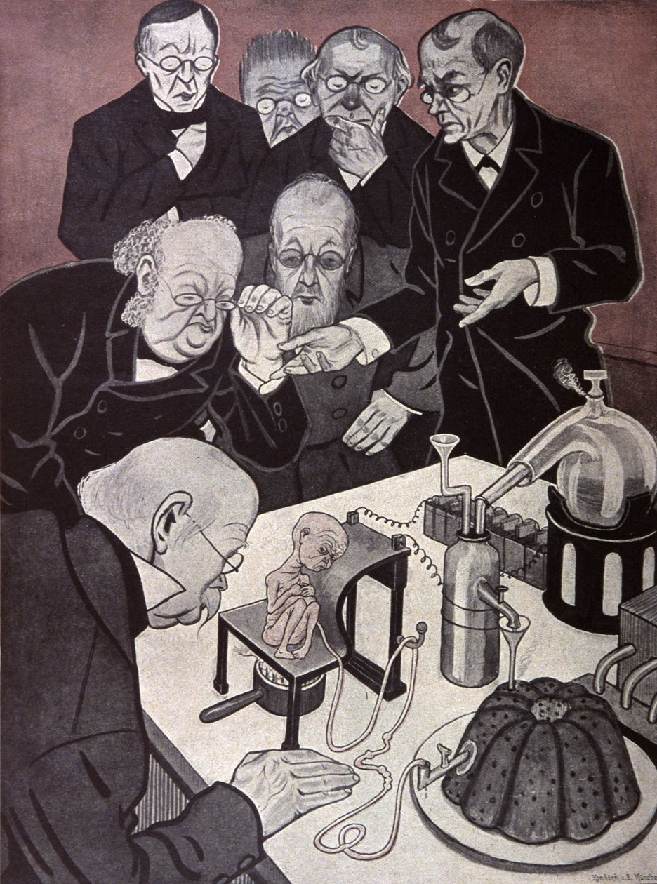 Homonculus (miniaturní i když plně formované lidské tělo). Ilustrace Th.th. Heine In: Simplicissimus, Německo, c.1900 (litografie) od Thomas Theodor Heine