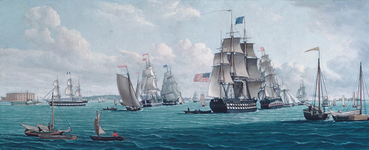 Americká loď Franklin, s výhledem na záliv New York, 20. nebo 30. léta 19. století. od Thomas Thompson